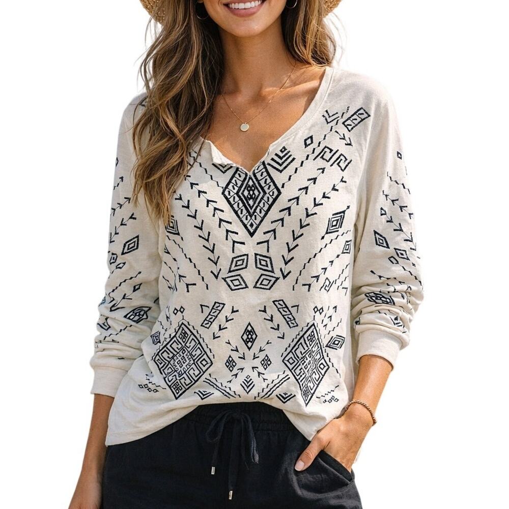 Lucky Lotus Tribal Embroidered Knit Top Womens Large Cream Black Cotton Boho